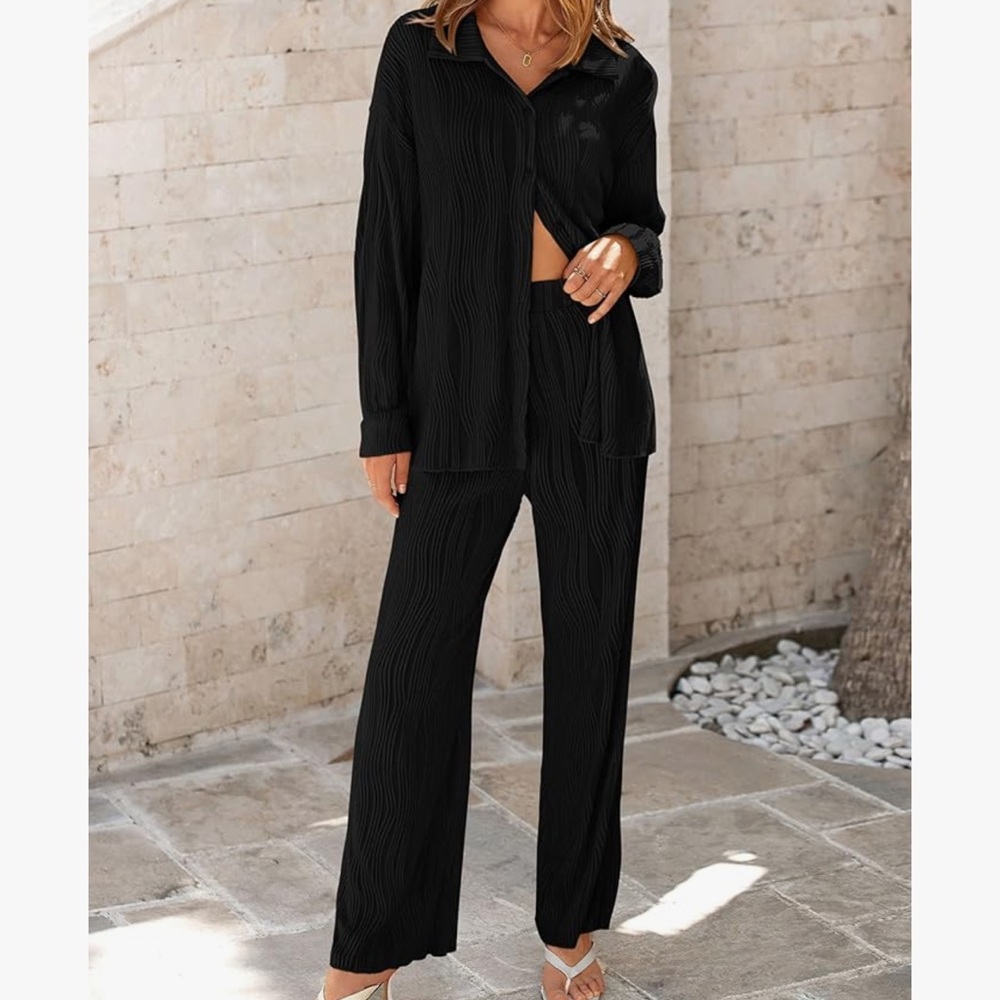 prettygarden2 Piece Textured Sets Button Down Shirt Wide Leg Pants Outfit
